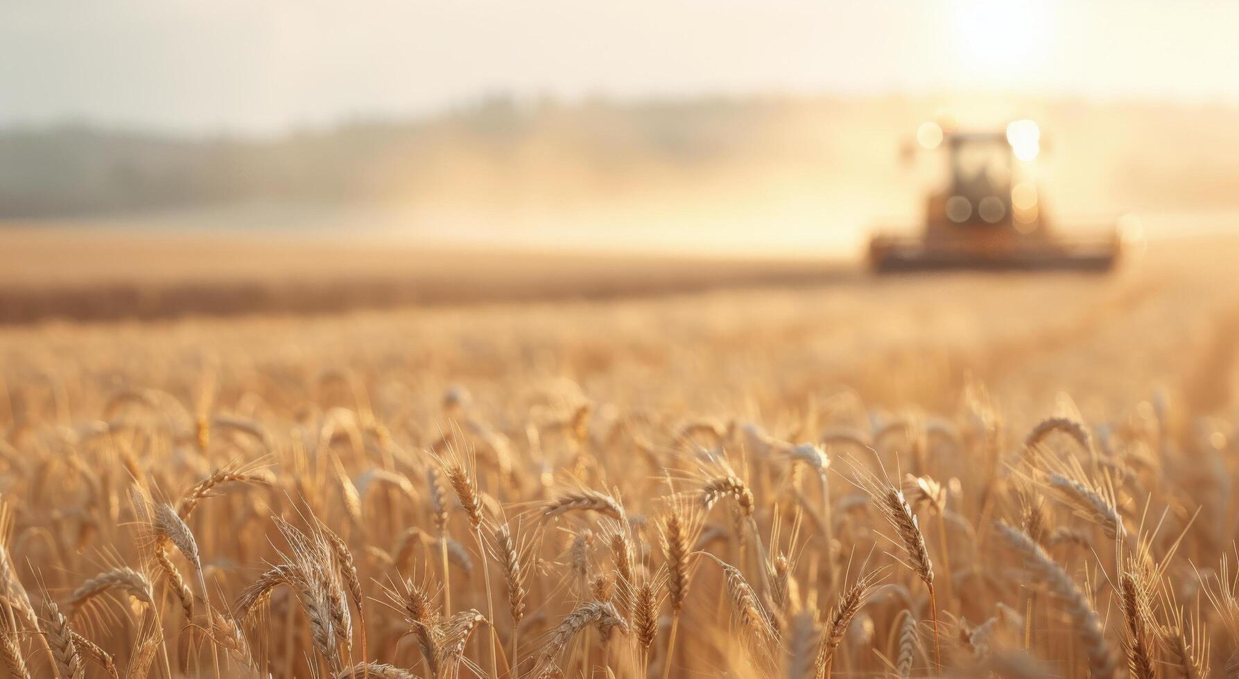 Combine Harvester in a Wheat Field at Sunset photo