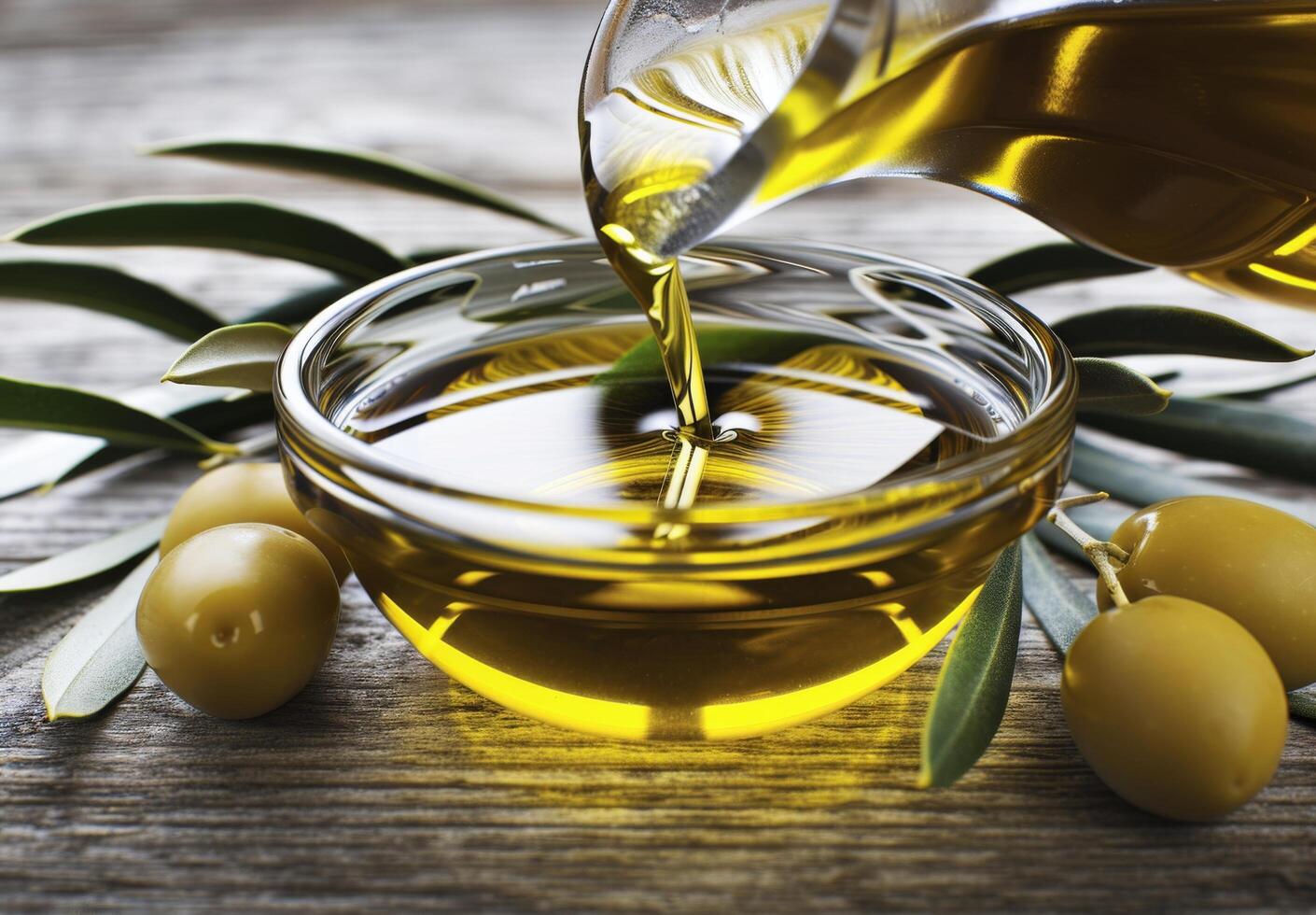 Olive Oil Pouring Into Bowl With Olives photo