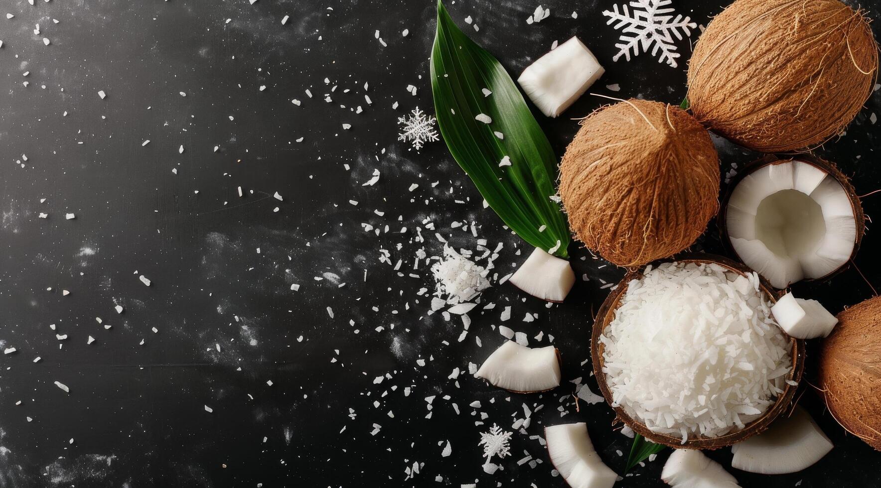 Coconut Halves With Flakes on Black Surface photo