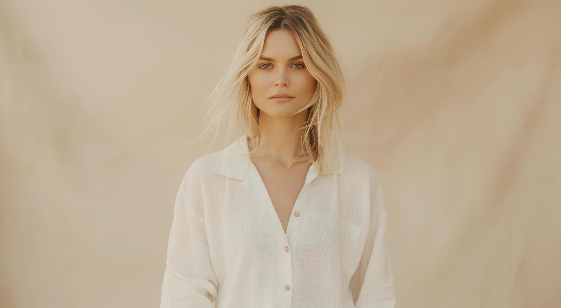 Woman in White Shirt Against Beige Background photo