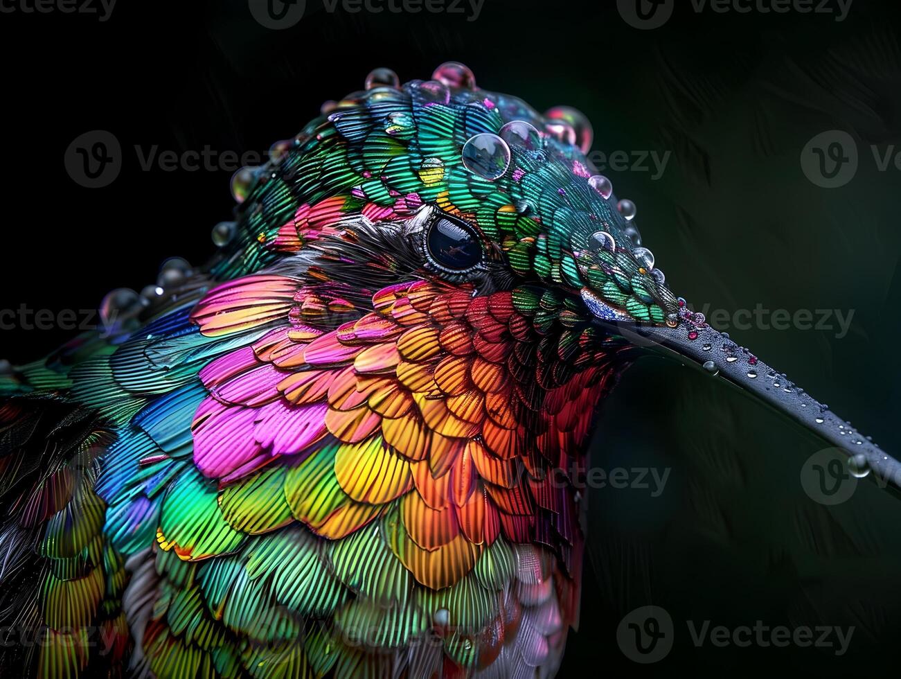 Hummingbird with Vibrant Iridescent Feathers in Rembrandt Lighting photo