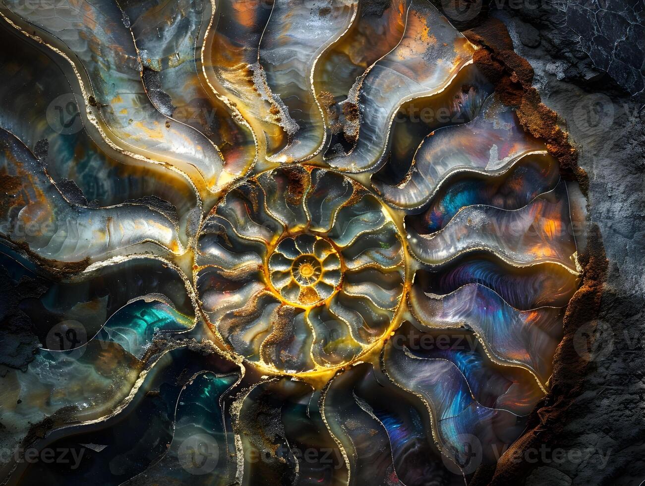 Stunning Macro Photograph of Intricate Fossilized Ammonite with Iridescent Mineral Deposits photo