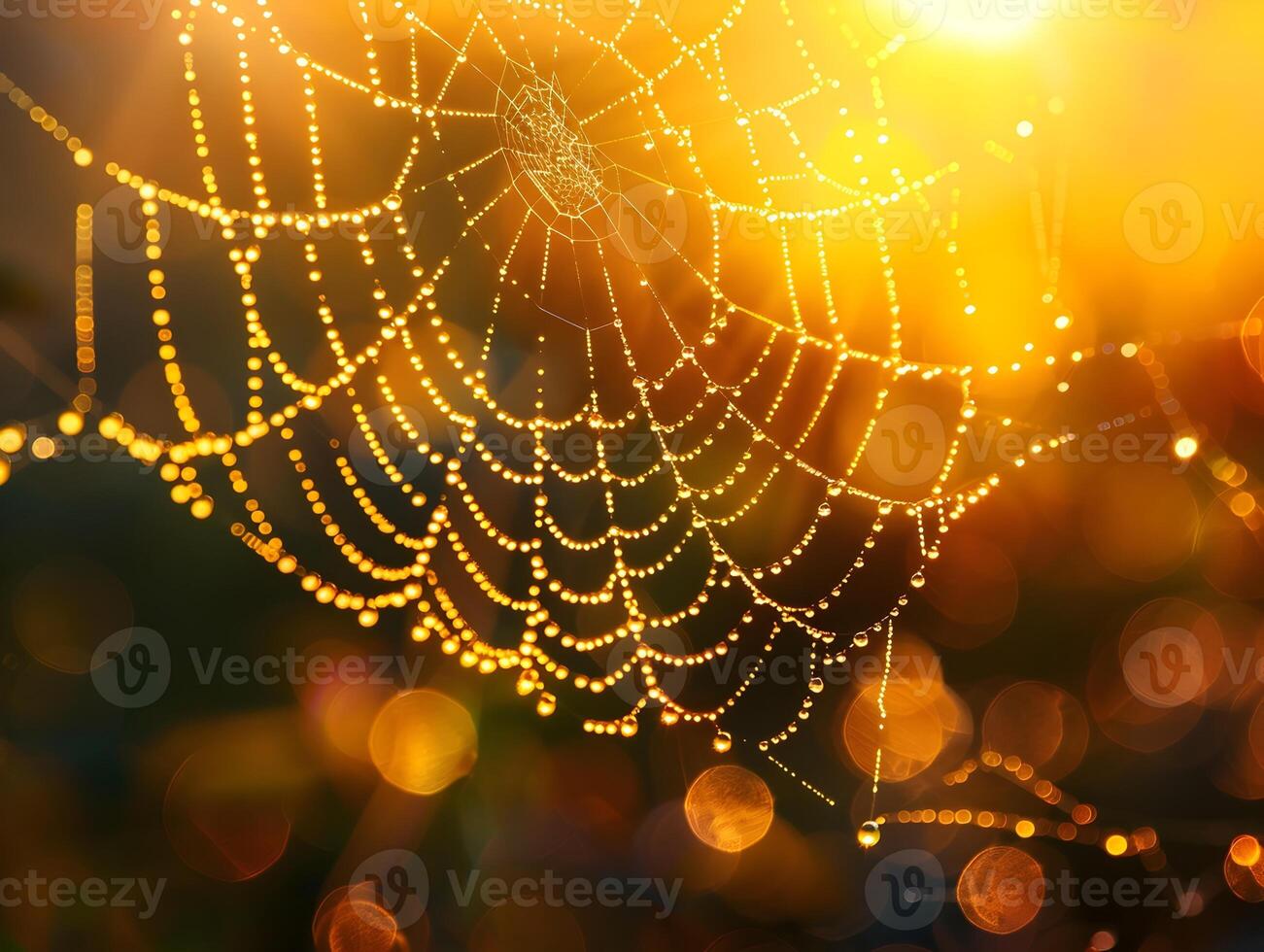 Enchanting Macro Capture of Dew Covered Spider Web at Sunrise with Radiant Light Refractions photo