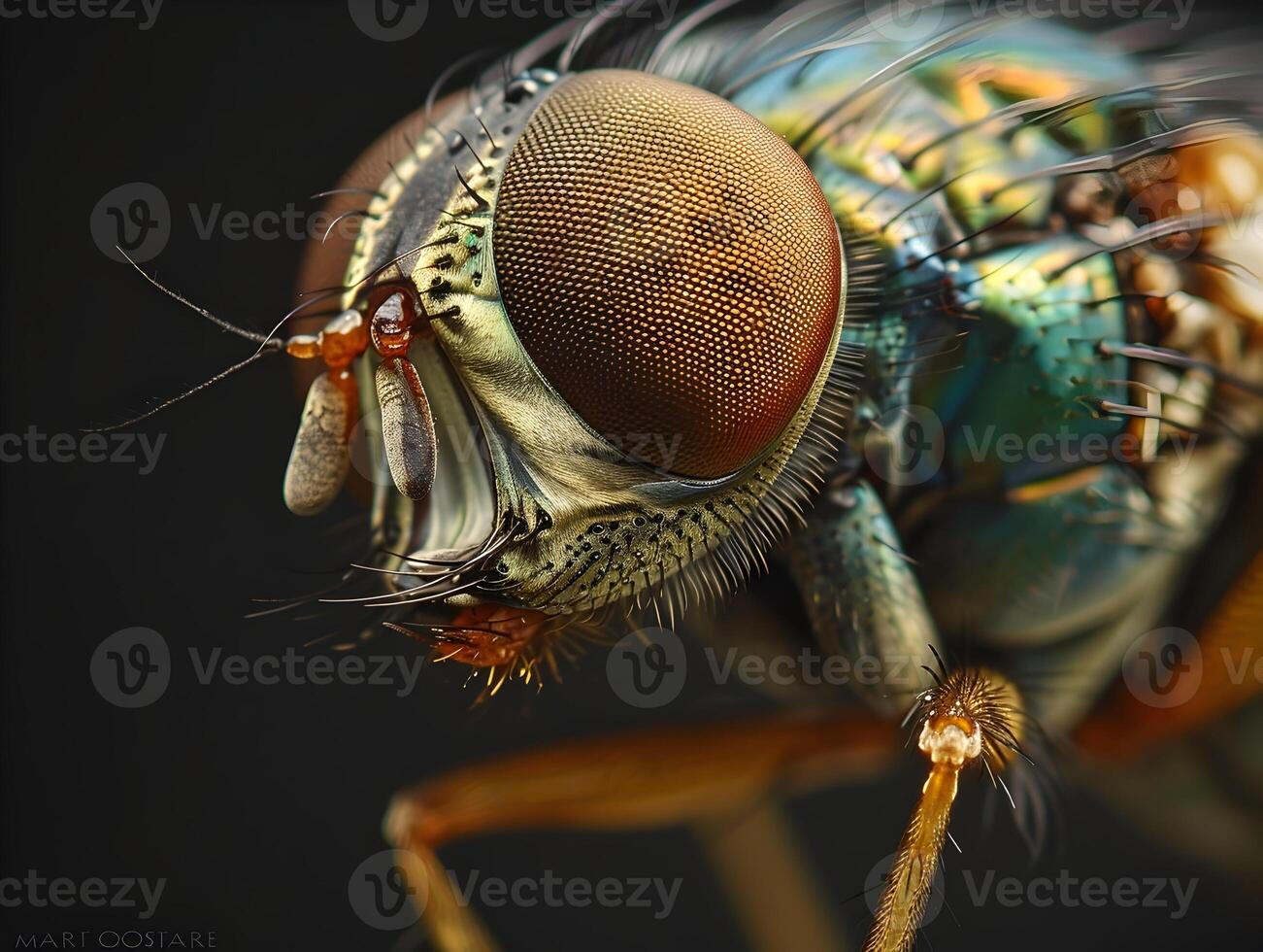 Macro Photograph of Housefly with Vivid Details of Compound Eyes and Iridescent Wing Veins photo