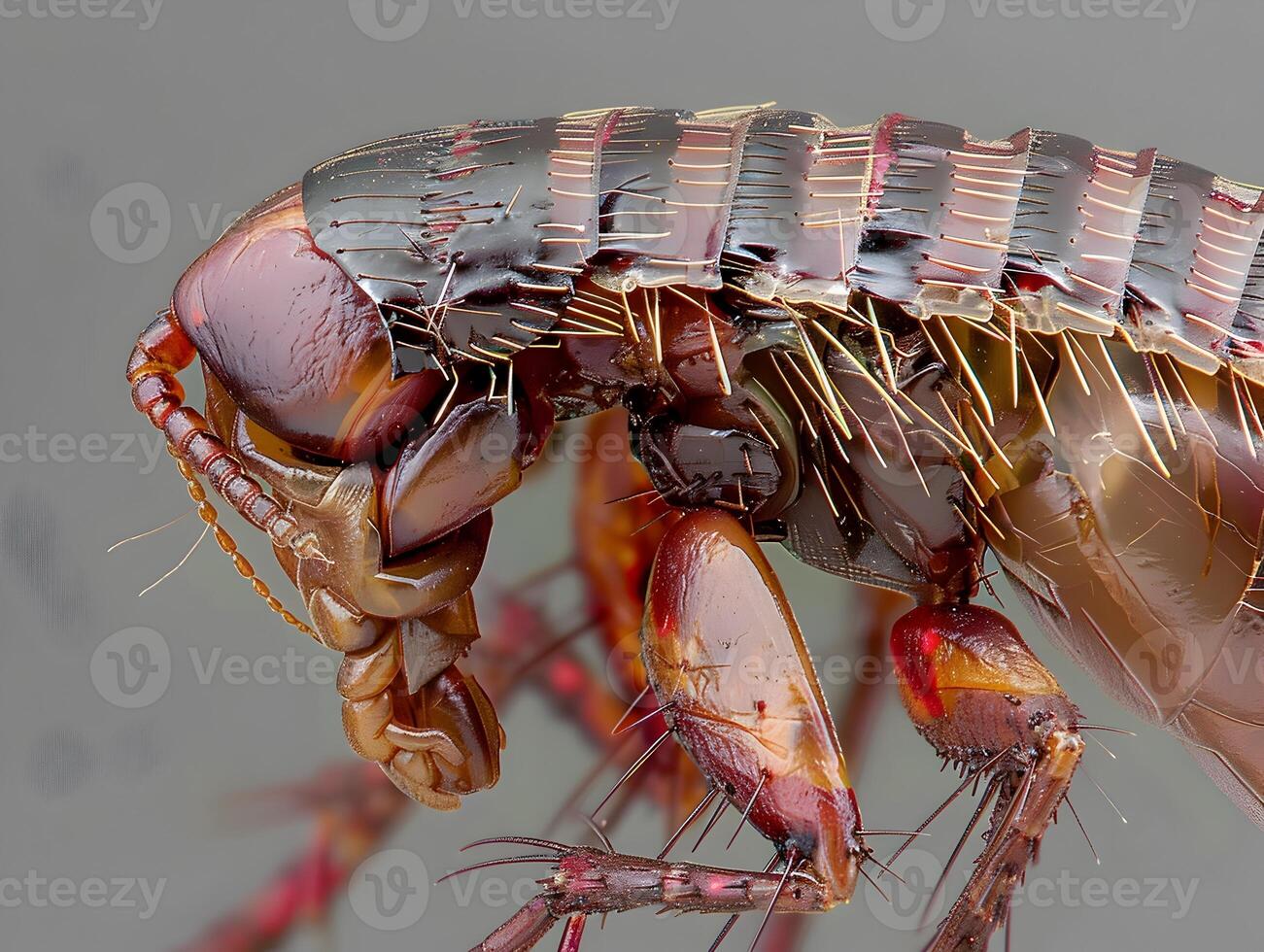 Extreme Close Up of a Blood Sucking Flea with Intricate Exoskeleton and Segmented Body on Neutral Gray Studio Backdrop photo