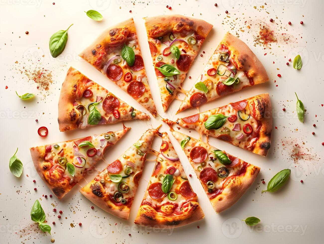 Tempting and Savory Pizza Slices with Diverse Toppings Arranged Against a Simple Backdrop photo