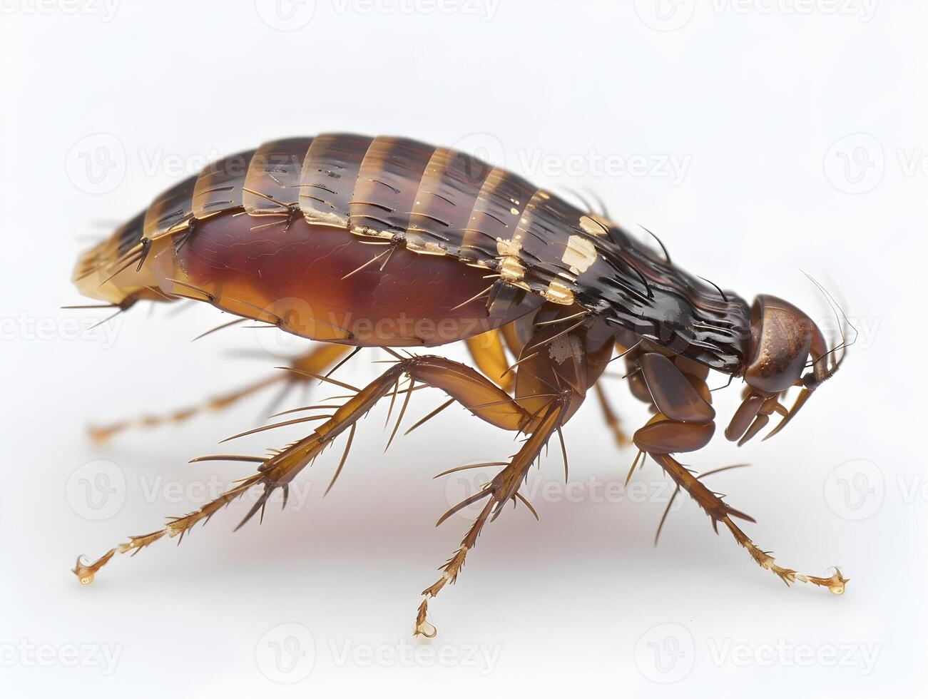 Highly Detailed Macro Photograph of a Parasitic Brown Flea Insect Isolated on Clean White Background photo
