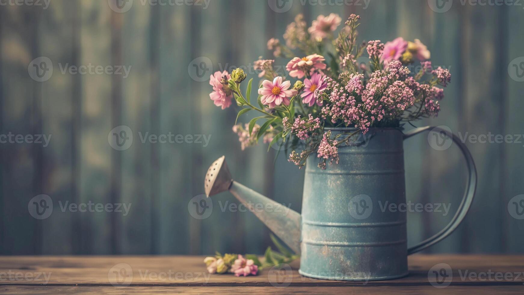 bouquet of flowers in watering can on wooden table photo