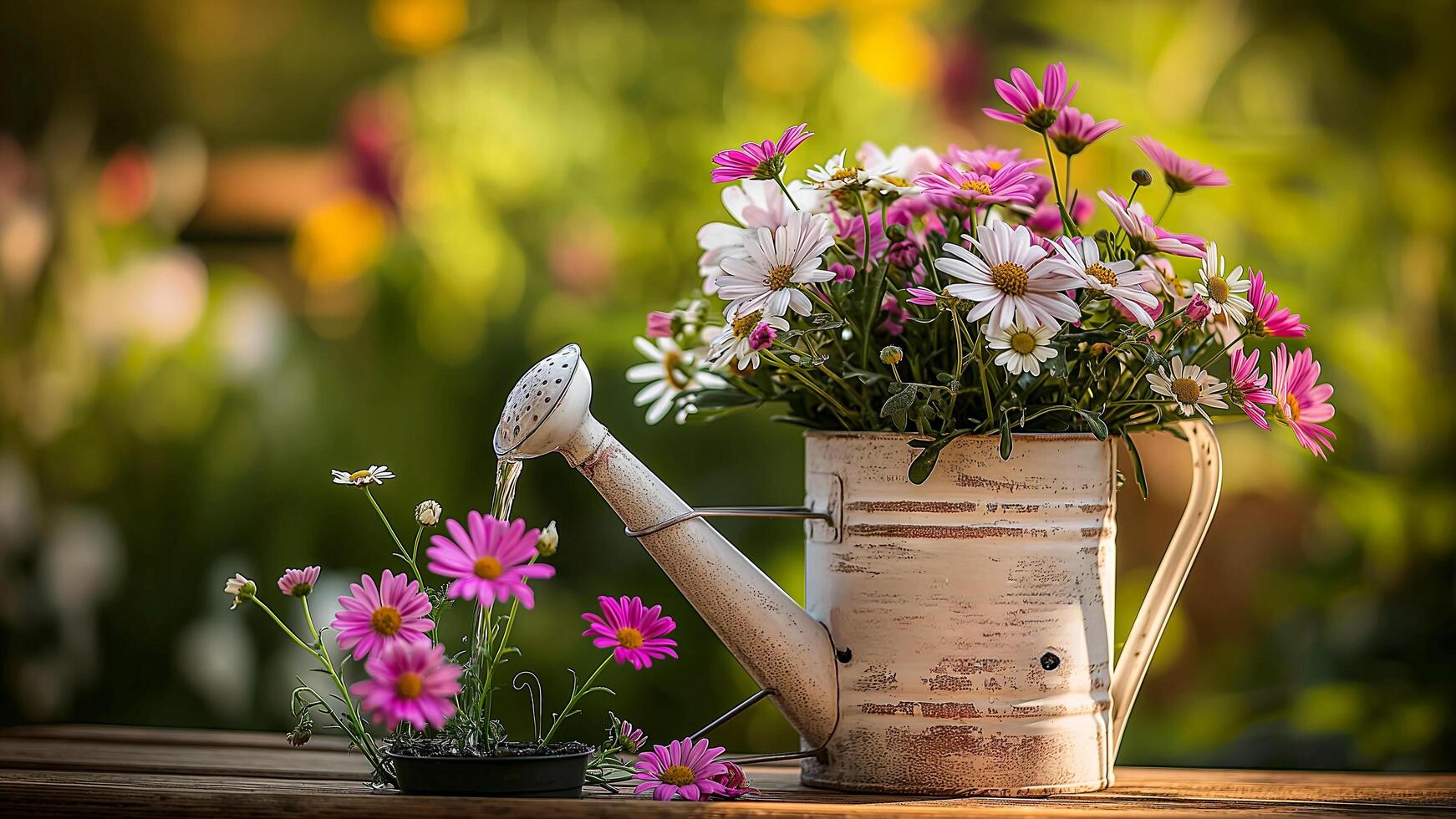 a watering can with flowers photo