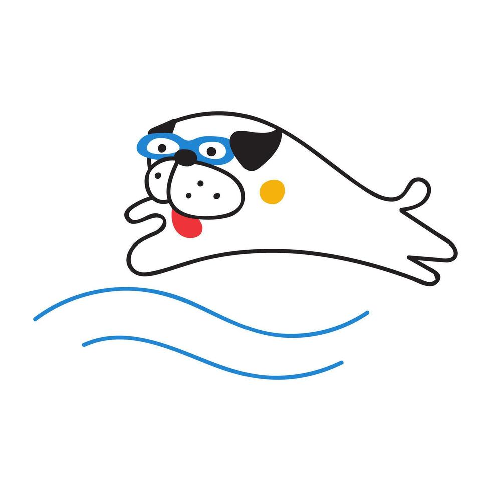 Pug jump into water. Outline illustration on white background. vector