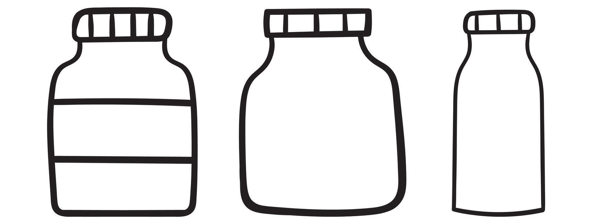 Three glass bottles. Outline isolated icons. illustrations on white background. vector