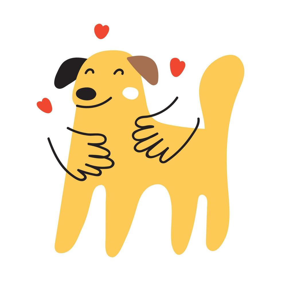 Happy dog. Hands hugs dog. Flat hand drawn illustration on white background. vector