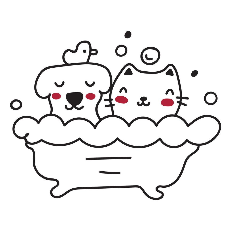 Cat dog and duck taking a bath. outline illustration on white background. vector