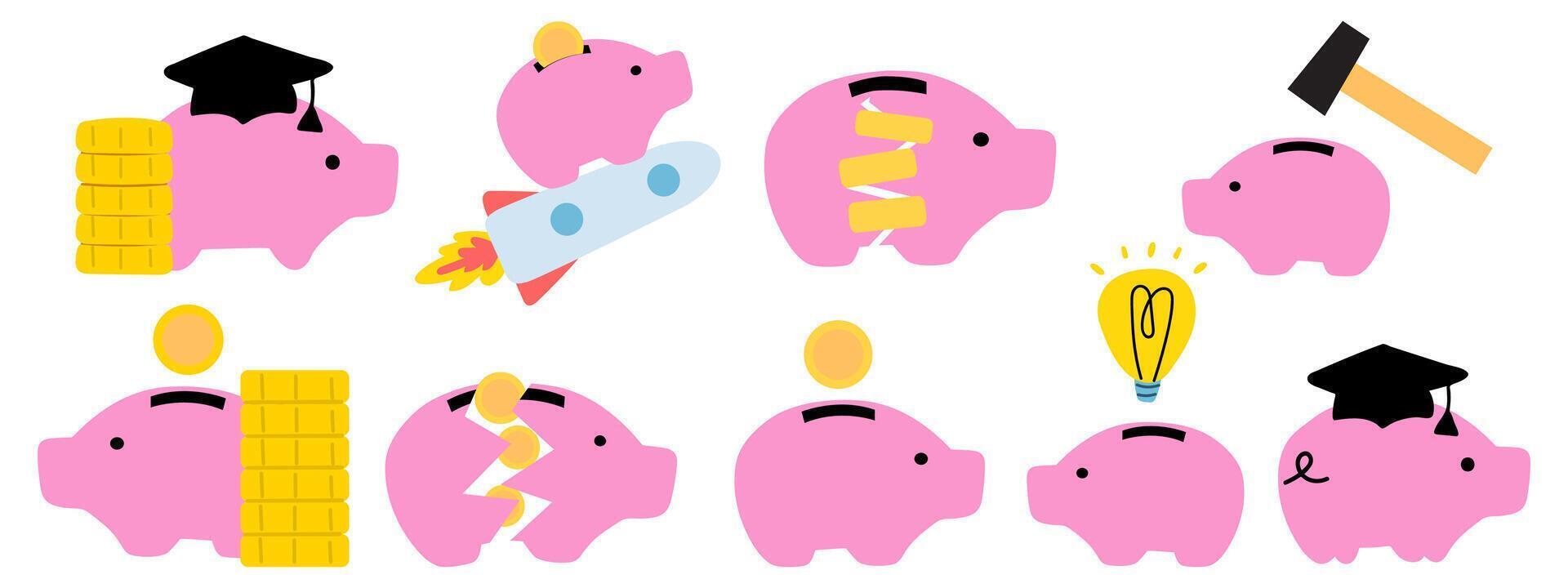 Collection of piggy banks. Hand drawn design. illustrations on white background. vector