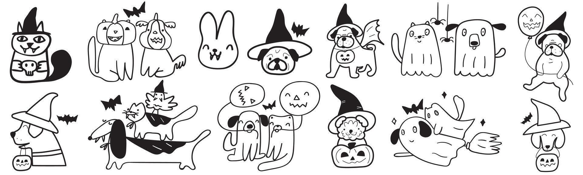 Funny domestic animals wearing Halloween costumes. Outline illustrations. Contour art. Black color. Graphic design on white background. vector