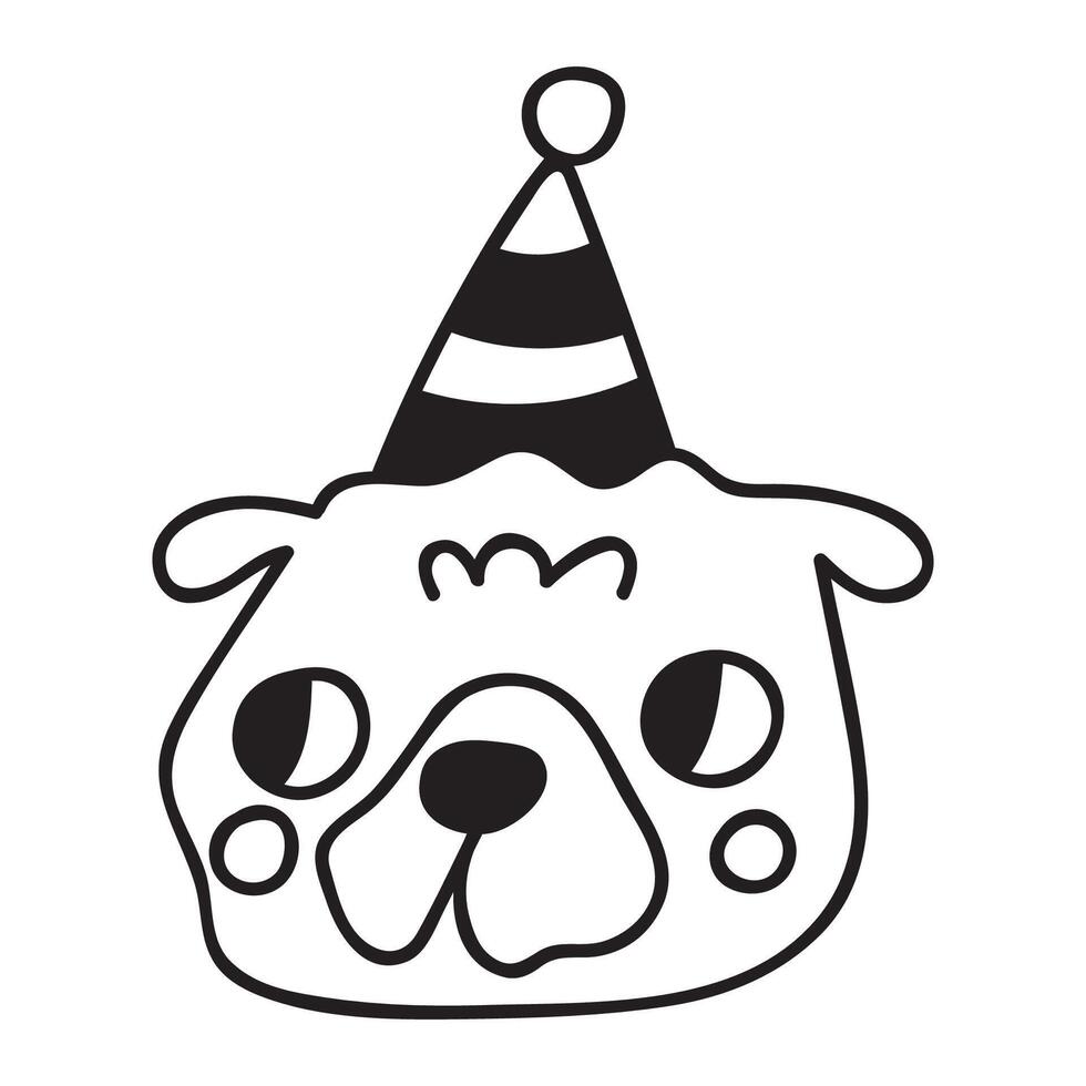 Dog's face with party hat. outline illustration on white background. vector
