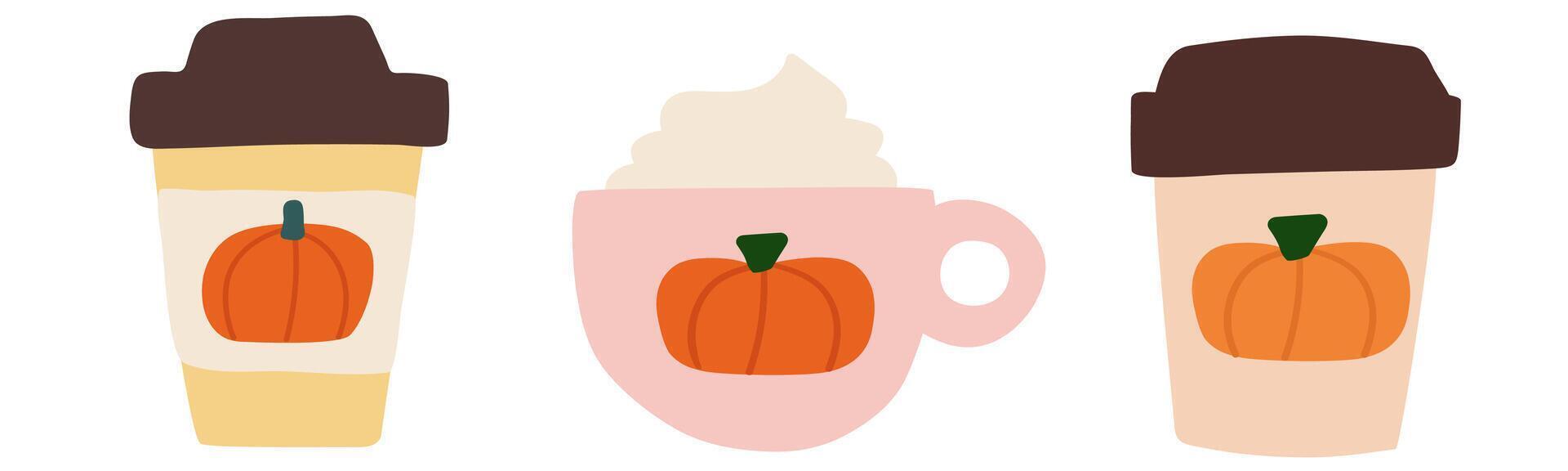 Pumpkin spice latte. Collection of cozy cups and mug. Flat design. Hand drawn illustration on white background. vector