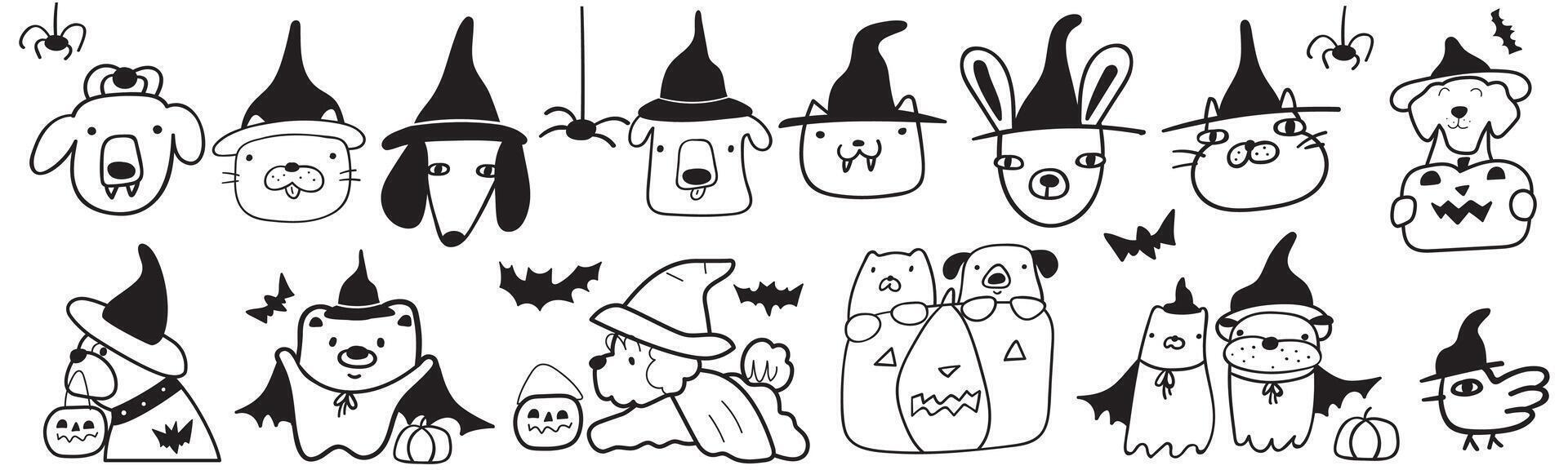 Cute dogs and cats wearing Halloween costumes. outline illustrations. Contour art. Black color. White background. vector