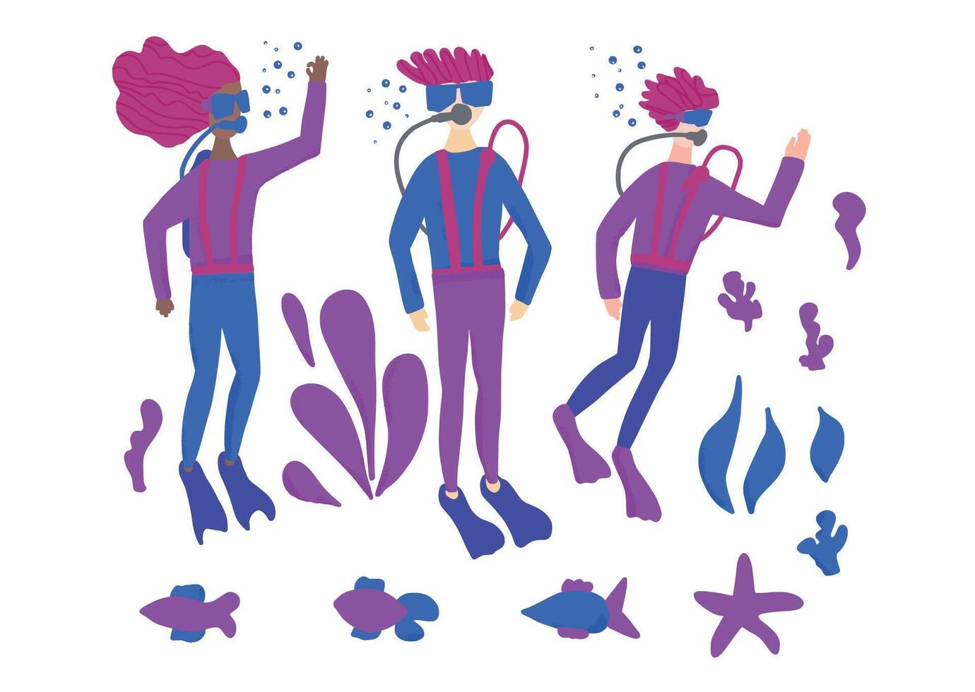 Divers with underwater fish and plant. set. vector