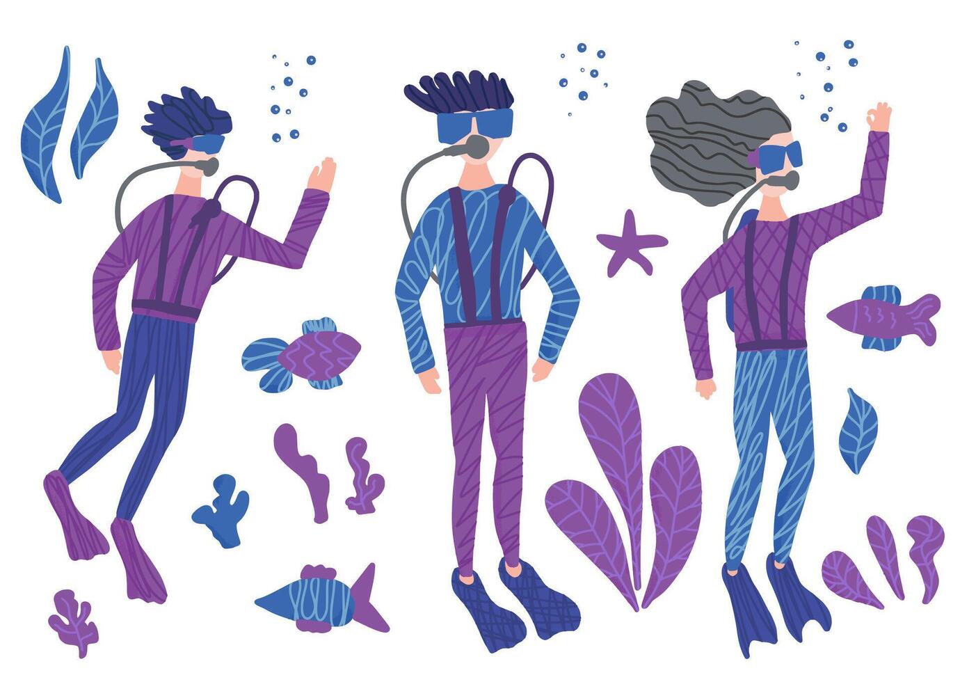 Divers with underwater fish and plant. set. vector