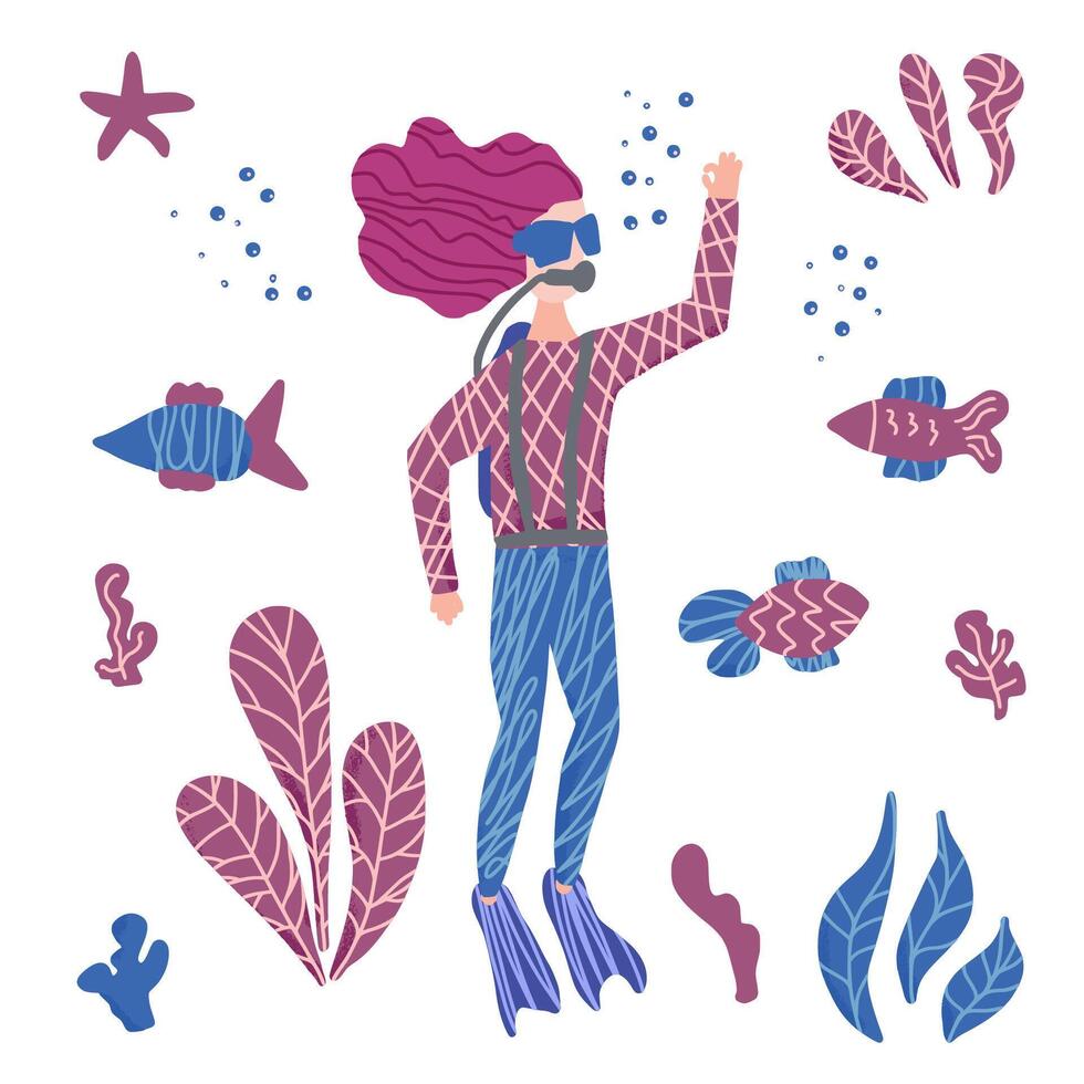 Divers with underwater fish and plant. set. vector