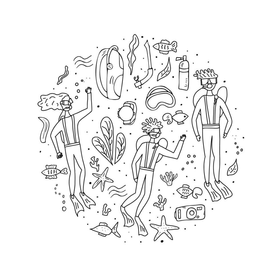 Divers with underwater fish and plant. set. vector