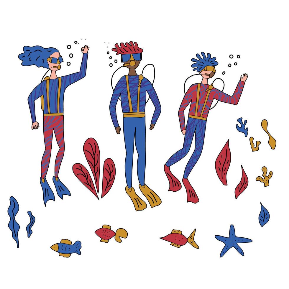 Divers with underwater fish and plant. set. vector