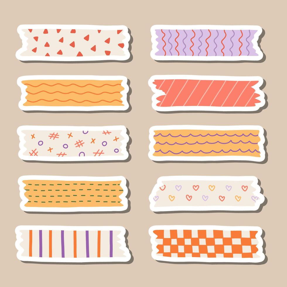 Cute sticker set of washi tape stripes with squiggle, geometry and abstract pattern for planners, notebooks. Ready for print list of stickers with cartoon adhesive scotch tape with ragged edges. vector