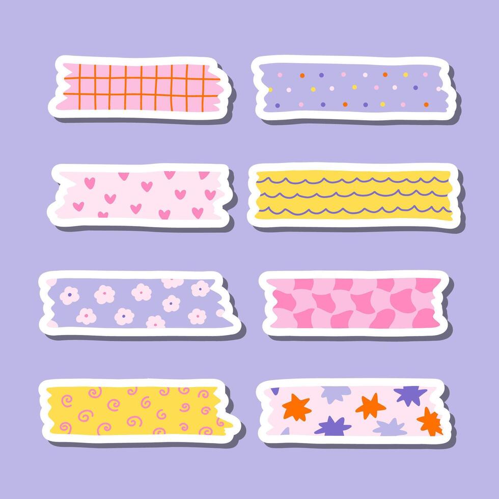 Cute sticker set of washi tape stripes with squiggle, geometry and abstract pattern for planners, notebooks. Ready for print list of stickers with cartoon adhesive scotch tape with ragged edges. vector