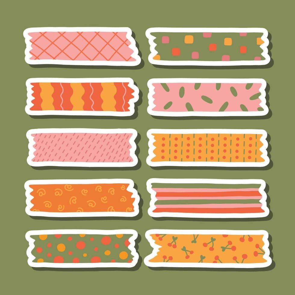 Cute sticker set of washi tape stripes with squiggle, geometry and abstract pattern for planners, notebooks. Ready for print list of stickers with cartoon adhesive scotch tape with ragged edges. vector