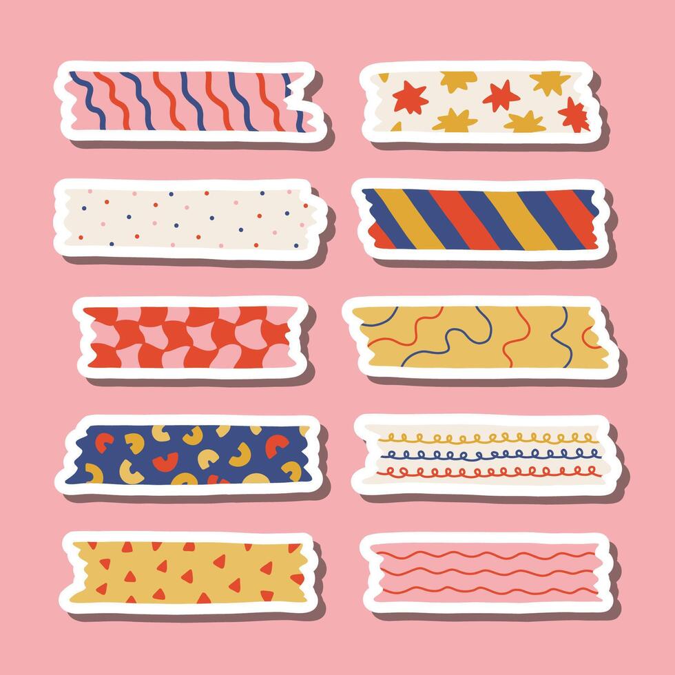 Cute sticker set of washi tape stripes with squiggle, geometry and abstract pattern for planners, notebooks. Ready for print list of stickers with cartoon adhesive scotch tape with ragged edges. vector