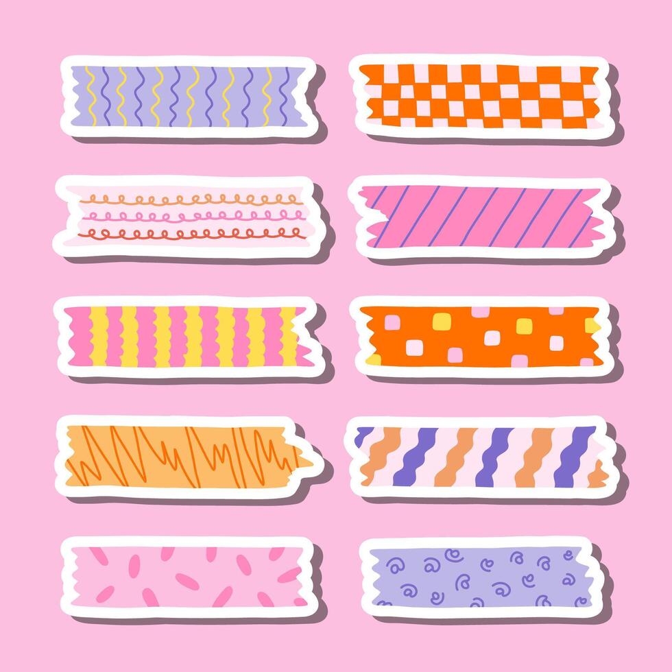 Cute sticker set of washi tape stripes with squiggle, geometry and abstract pattern for planners, notebooks. Ready for print list of stickers with cartoon adhesive scotch tape with ragged edges. vector
