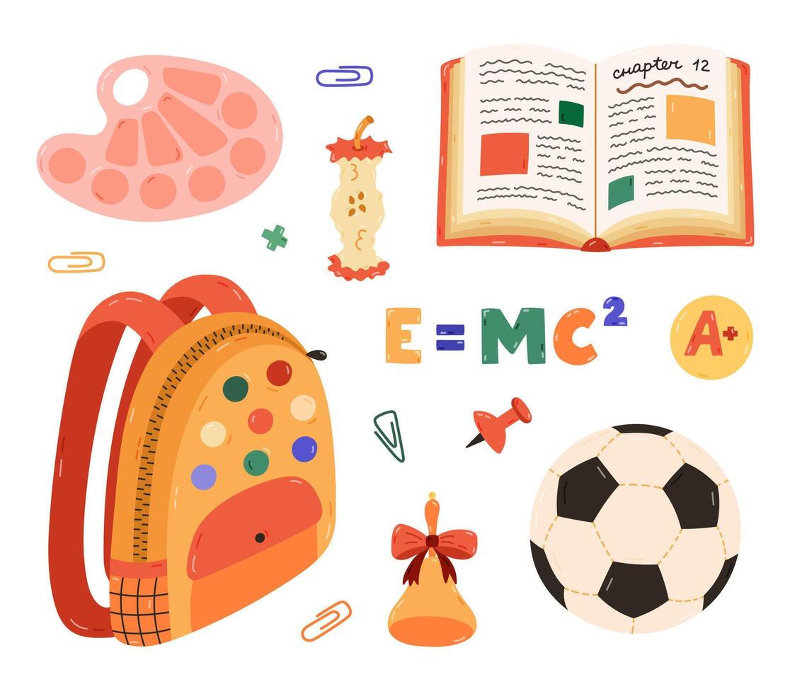 Cute cartoon set with kids school supplies. Hand drawn collection of schoolbag, open text book, globe, paint palette, apple core, soccer ball. Back to school clipart for study, draw and work. vector