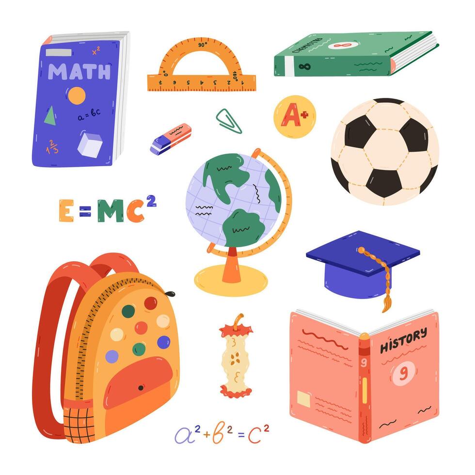 Cute cartoon set with kids school supplies. Hand drawn collection of schoolbag, textbook, globe, stationery, snack, hat, soccer ball. Back to school clipart for study, draw and work isolated on white. vector