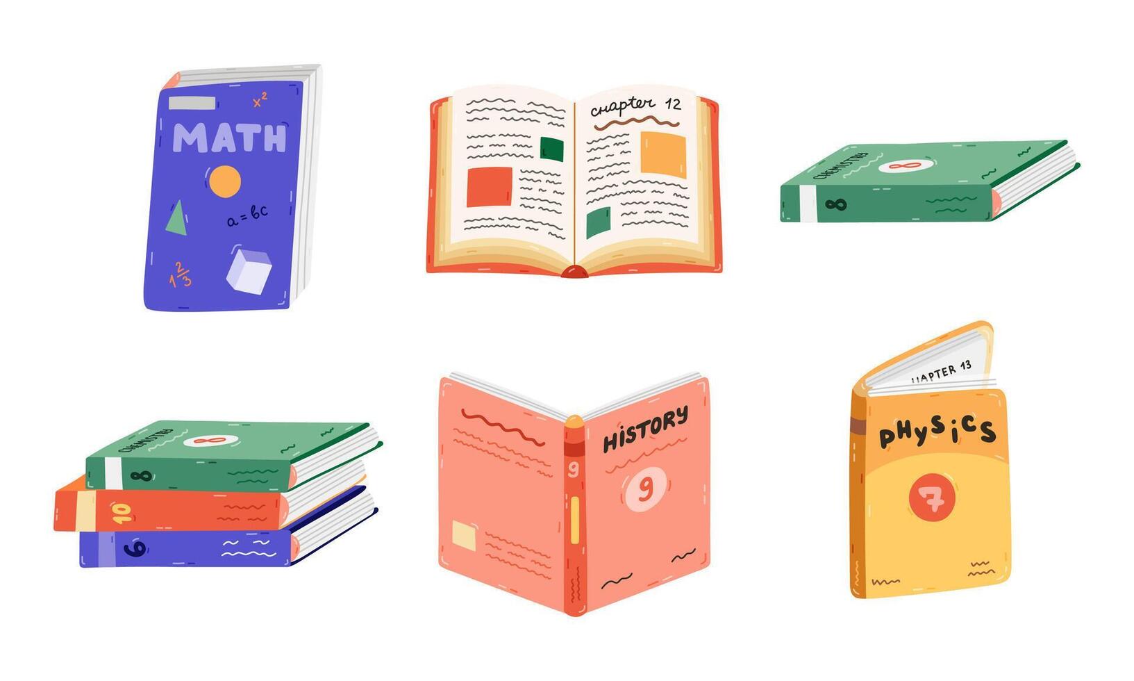 Cute cartoon set with school textbook for different subjects. Kids academic book, literature, encyclopedia. Back to school supply for study, reading, learning. Hand drawn isolated illustration vector