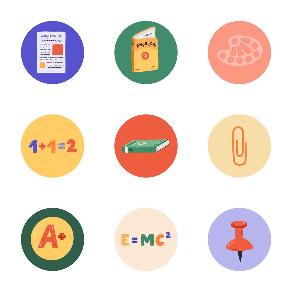 Trendy and colourful round highlights for different social media, blogs, business, branding with Back to school illustrations. Cover icons for stories with textbook, math formula, education clipart. vector