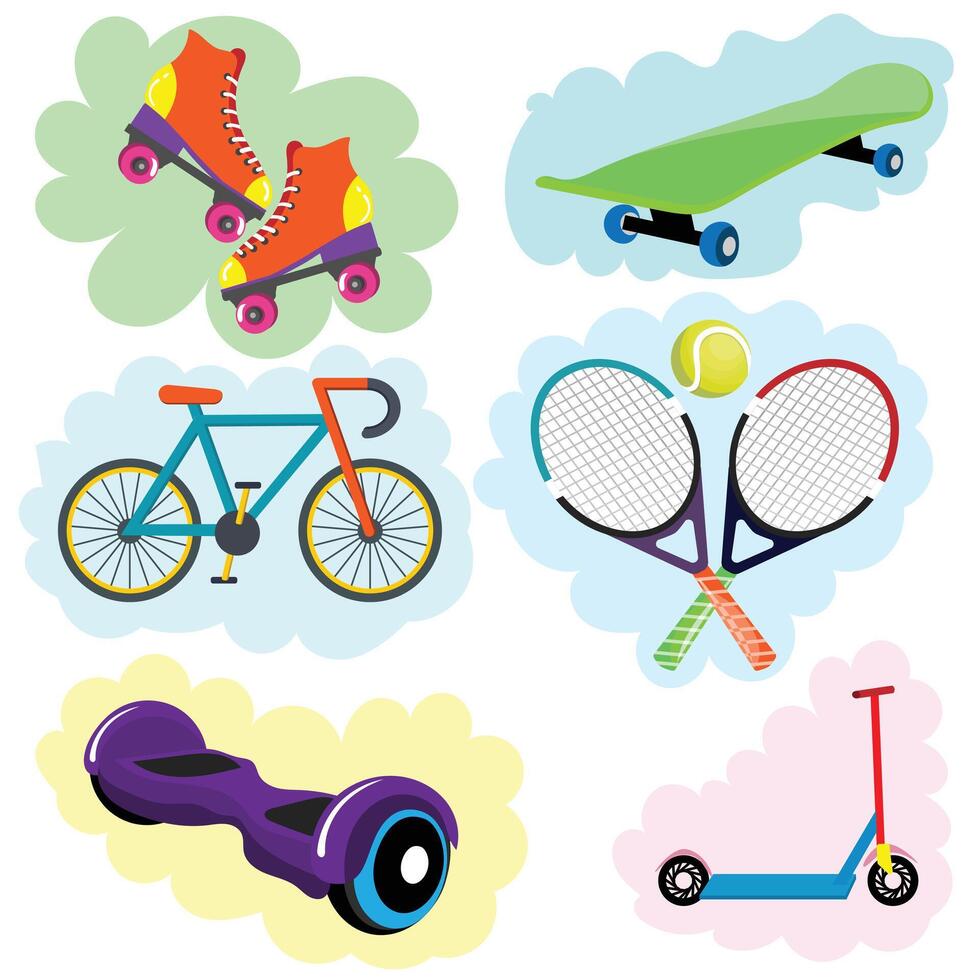 Set of Sports Equipment, Flat Objects Set, Healthy lifestyle tools, elements vector