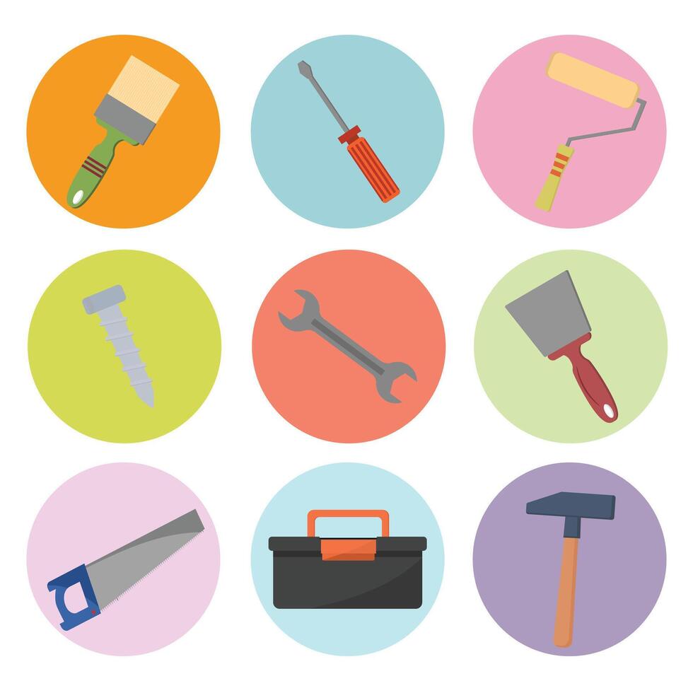 Construction tools. Building repair hand tools, construction buildings, hammer, screwdriver, saw, helmet, roller, brush, tool box, kit flat style vector