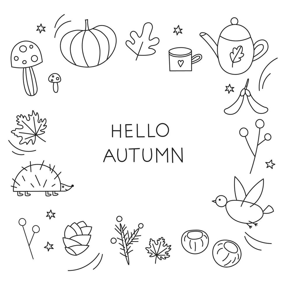 Autumn doodle hand drawn illustration on isolated background. Set of graphic elements with hedgehog, bird, pumpkin, rowan, oak leaf, hot drink, maple leaf, fly agaric, chestnuts for icon, cards vector