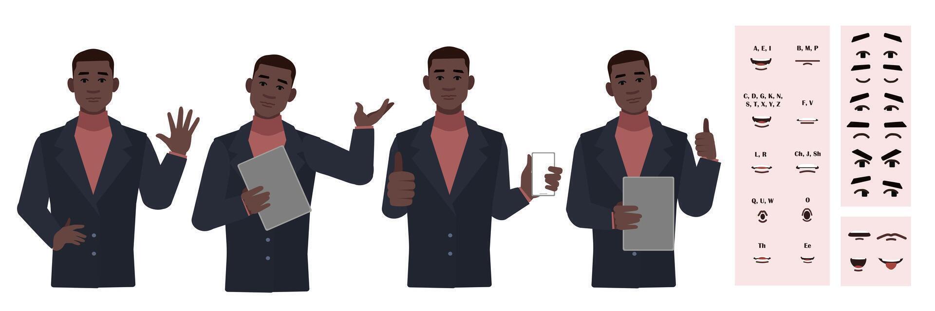 Business office worker man constructor suitable for animation. Generator of diverse eyes, lips, emotion expressions mouth animation and lip sync. Young man character face and upper body construction. vector