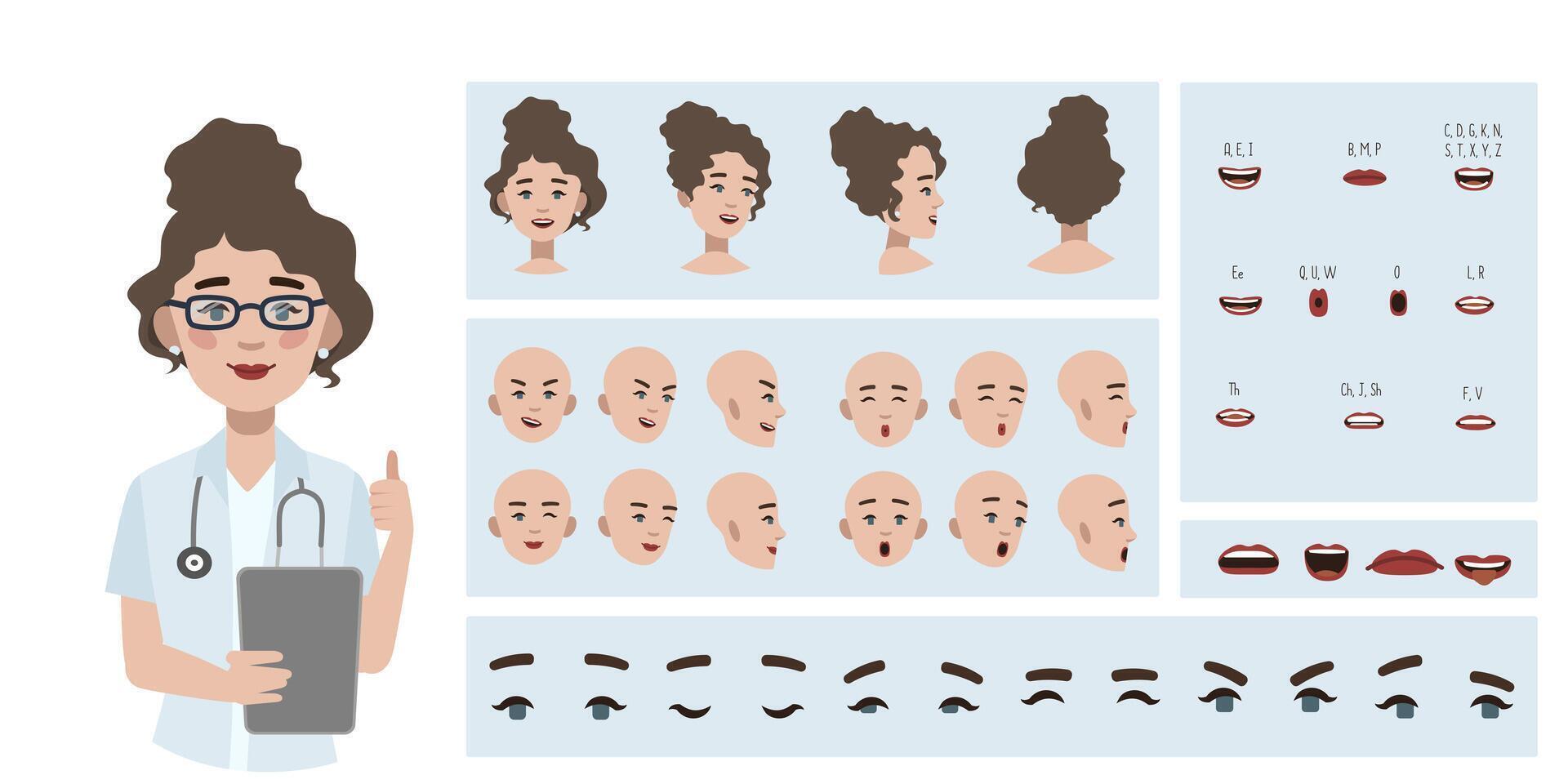 Medical worker woman doctor avatar creation suitable for animation. Generator, constructor of diverse eyes, lips, emotion expressions mouth animation and lip sync. Female character face construction. vector