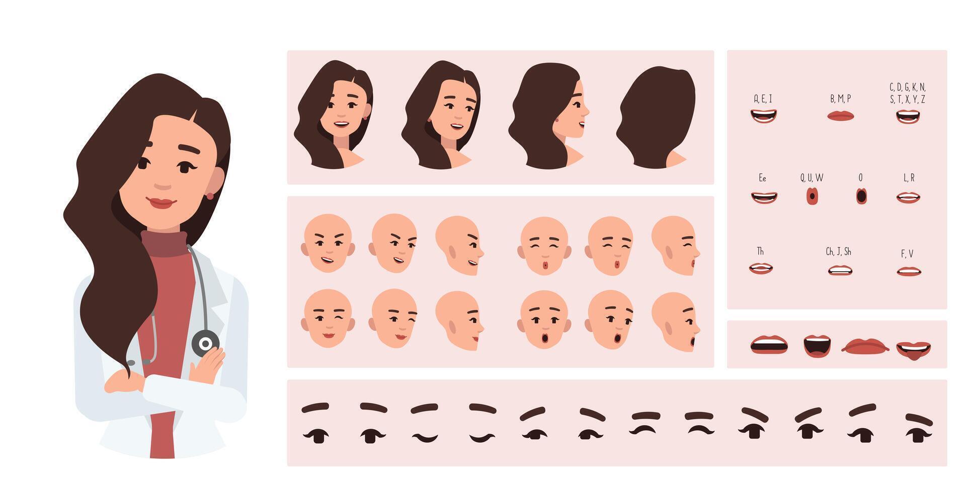 Medical worker woman doctor avatar creation suitable for animation. Generator, constructor of diverse eyes, lips, emotion expressions mouth animation and lip sync. Female character face construction. vector