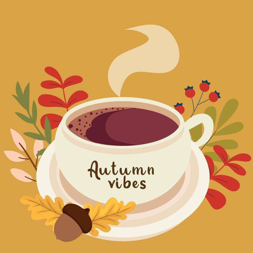 Autumn vibes coffee cup with seasonal decorations and warm tones. Cute and cozy autumn design. Fall, Thanksgiving Day, Autumn season. vector