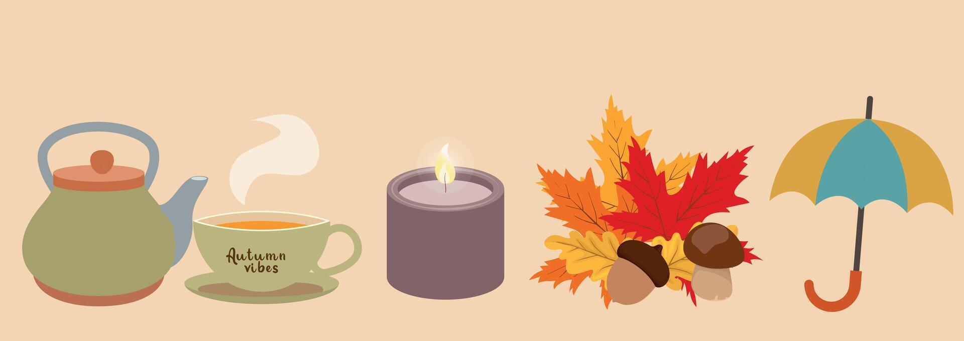Autumn cozy elements including teapot, cup, candle, leaves, acorns, and umbrella on beige background. Autumn season. vector