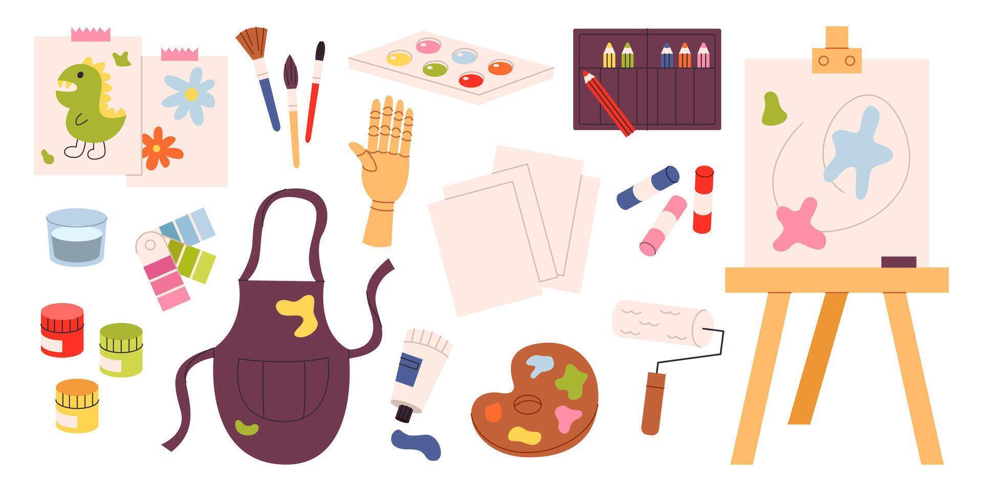 Set of painting tools, art supplies for drawing. Art class studio Painters equipment, stationery. Paint tubes, crayons , brushes, canvas, pencil, watercolor, palette. Wooden hand mannequin. Flat vector
