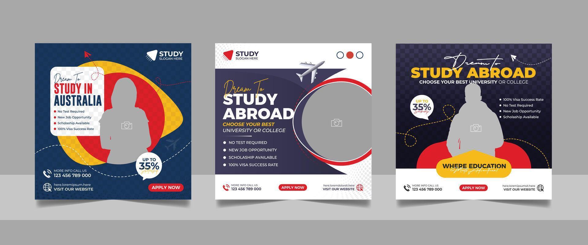 Study abroad social media post set, Higher education online square flyer school admission web banner template vector