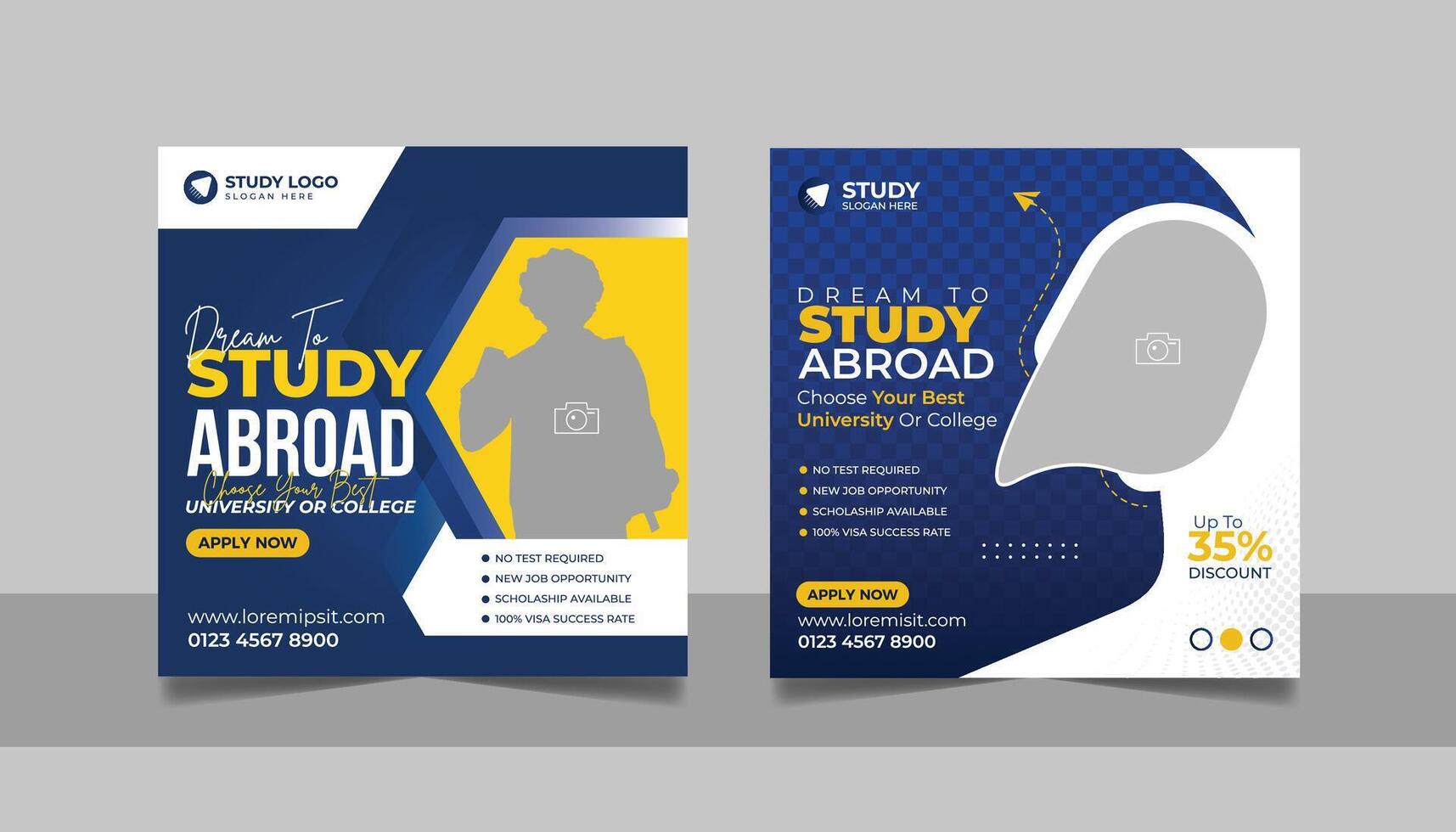 Study abroad social media post set, Higher education online square flyer school admission web banner template vector