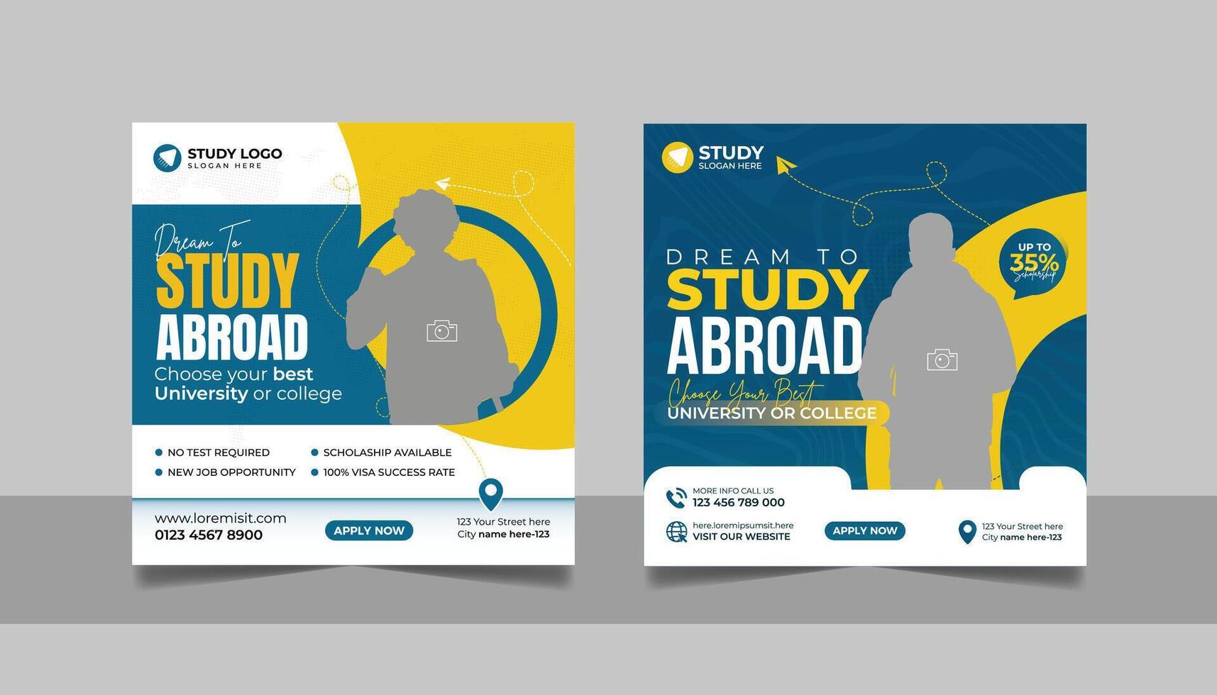 Study abroad social media post set, Higher education online square flyer school admission web banner template vector