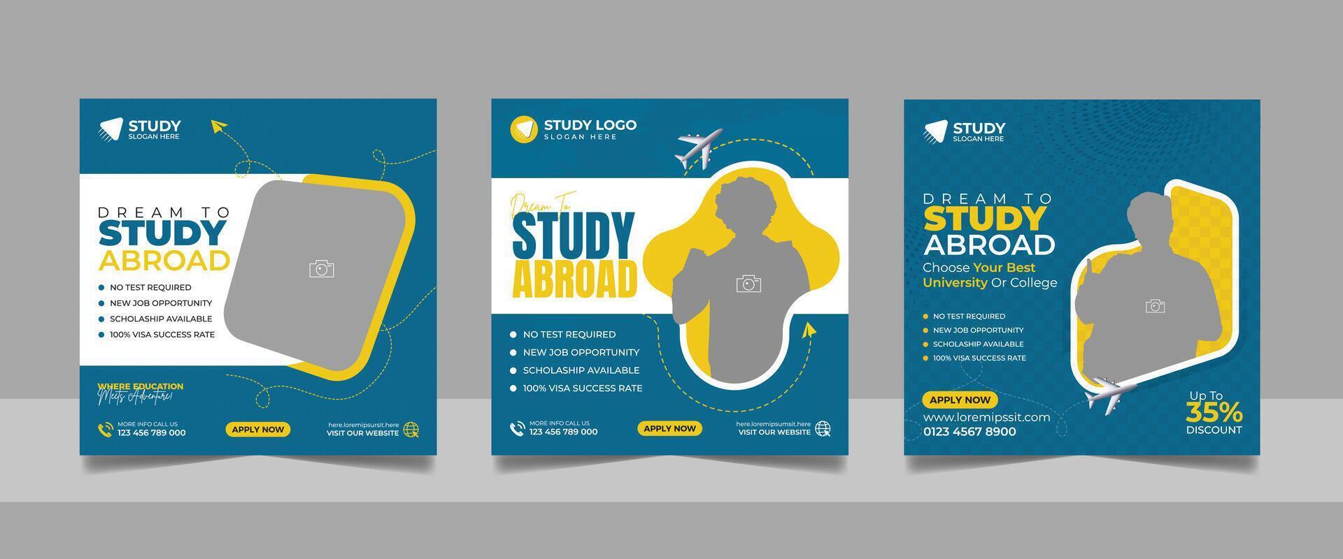 Study abroad social media post set, Higher education online square flyer school admission web banner template vector