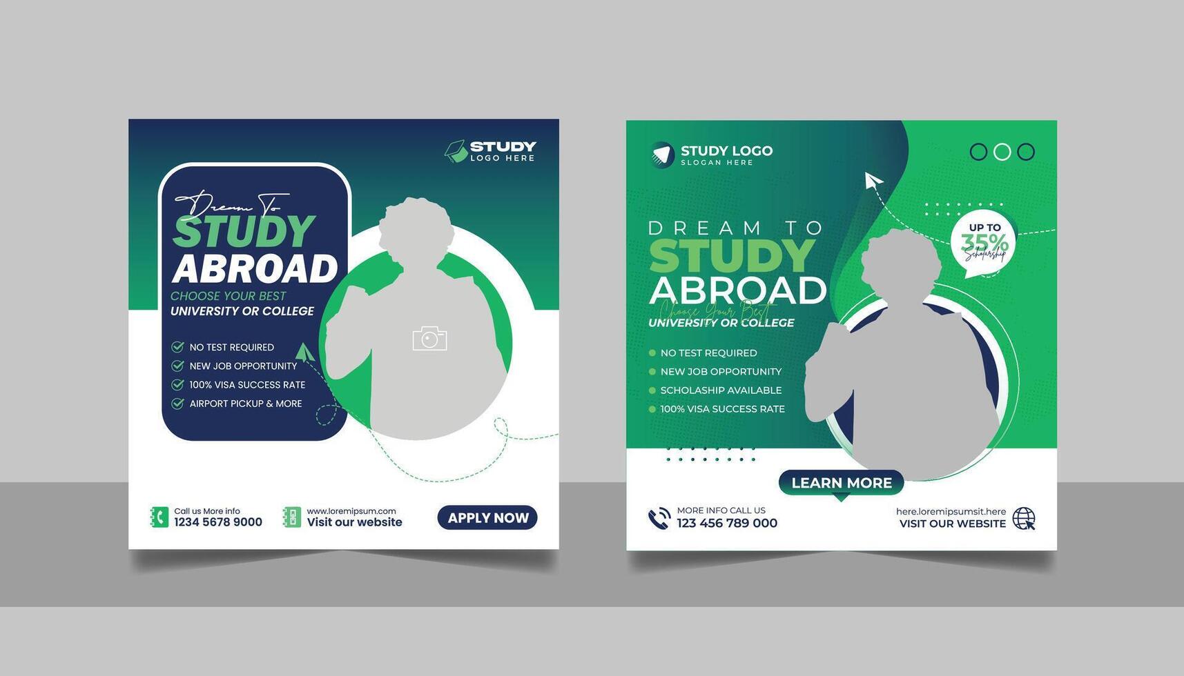 Study abroad social media post set, Higher education online square flyer school admission web banner template vector